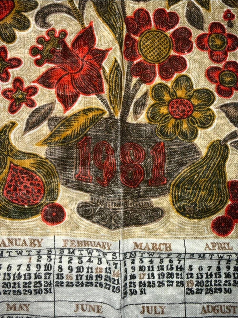 Vintage Red and Olive Green Floral Calendar Towel